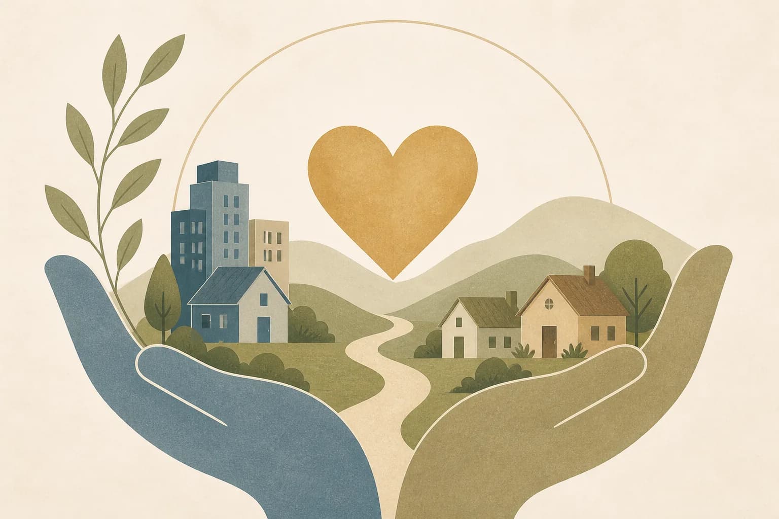 Hands cradling a community with a heart above, symbolizing aid with care