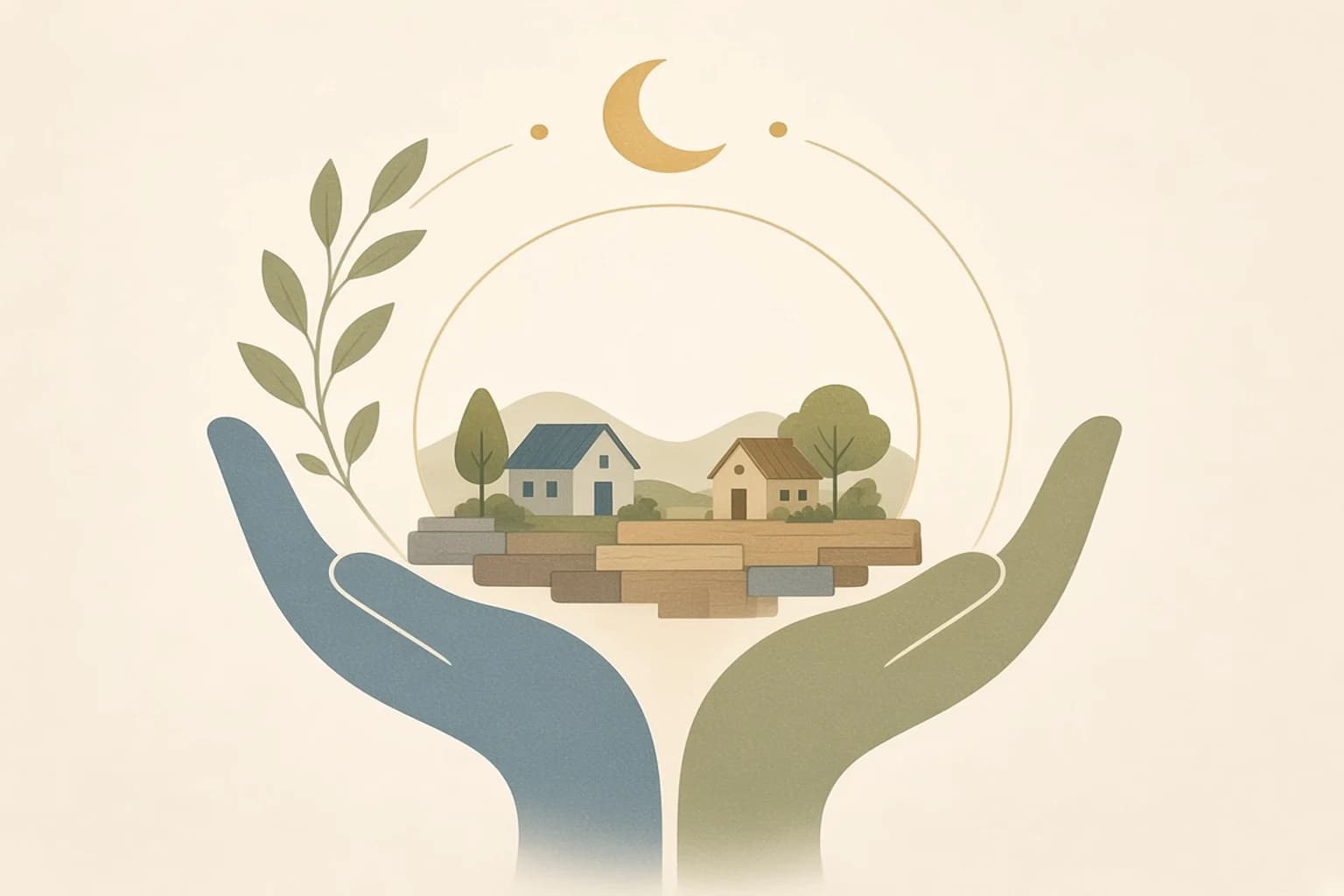 Hands supporting a small community on a sturdy foundation, with a monthly crescent above