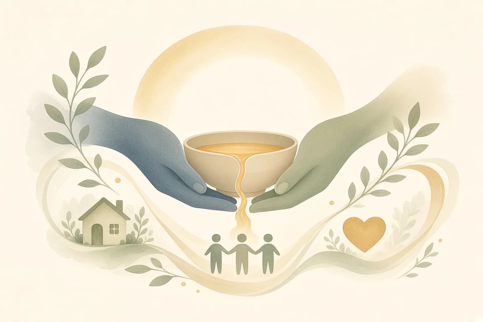 Hands holding a vessel of trust with golden overflow reaching a home, community, and heart