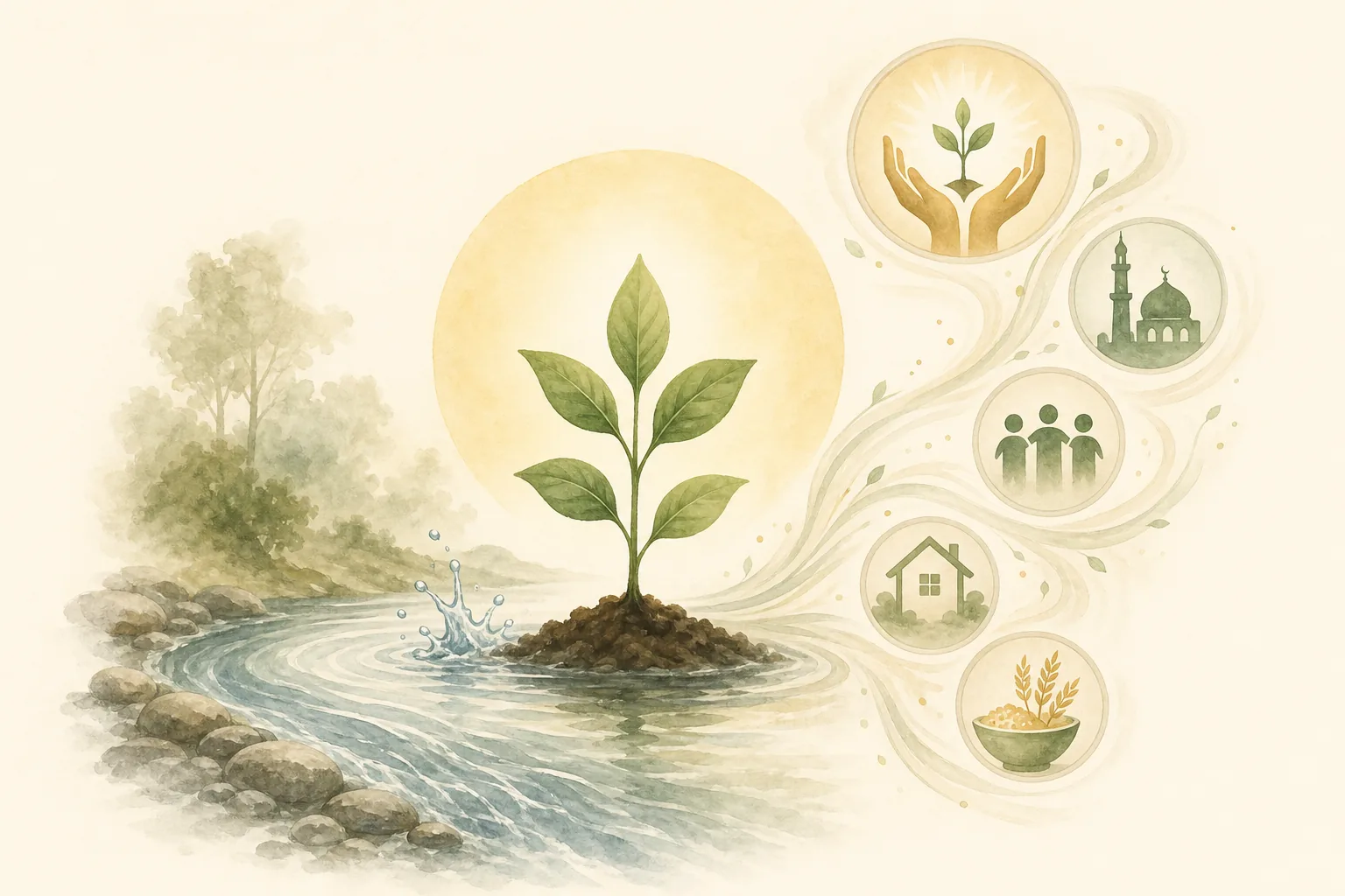 A sprout growing from water with icons of community, shelter, and giving, symbolizing purification and growth