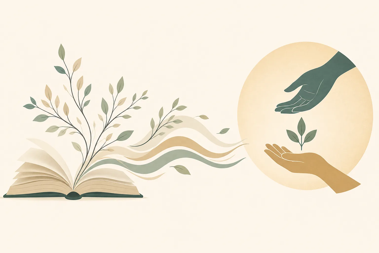 An open book flowing into open hands, symbolizing the path from study to service