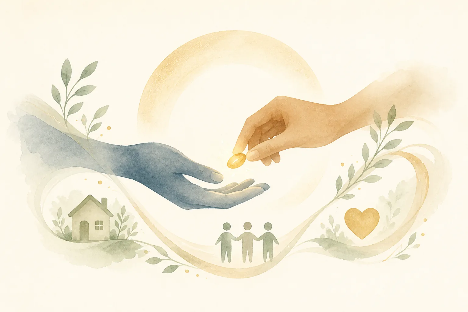 Hands exchanging a seed of care with icons of home, community, and heart, symbolizing the cycle of giving
